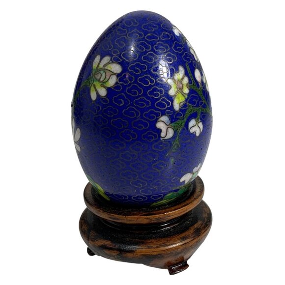 Blue Floral Lotus Cloisonné Decorative Egg Brass Cloud Background + Wooden Stand - Picture 6 of 7